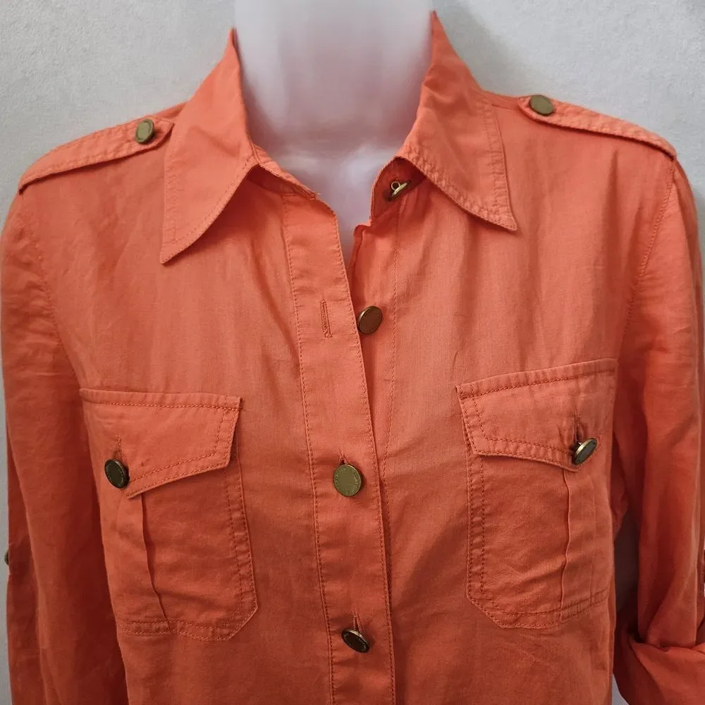 Tory Burch Top Womens 4 Gold Buttons Up Tangerine Red Orange Cotton Preppy Shirt